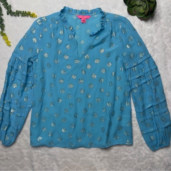 Lilly Pulitzer Giana Silk Long Sleeve Top in Bermuda Blue Seagrass and Gold XS - Picture 15 of 15
